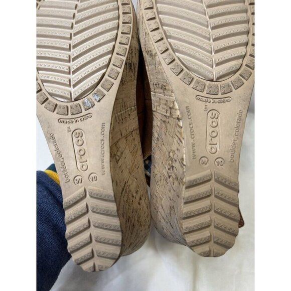 CROCS A-Leigh Brown Leather Slingback Strap Cork Wedge Sandals Size 10 - Picture 8 of 12
